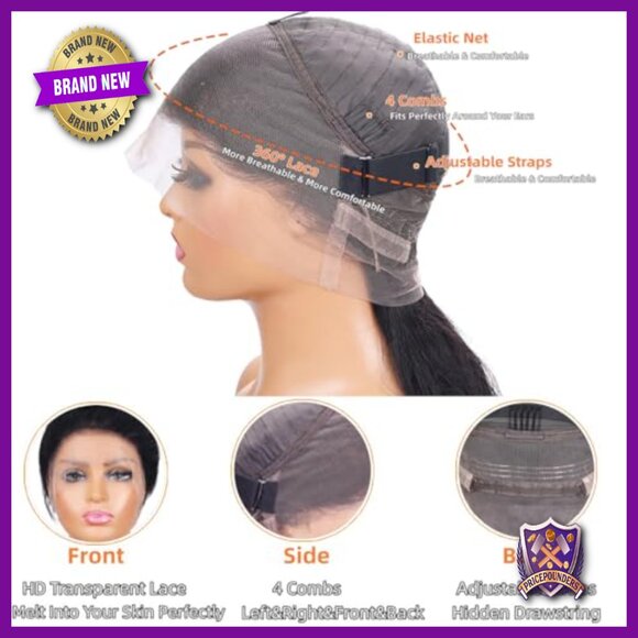 360 Lace Front Wig Human Hair 26 Inch 200% Density Glueless Adjustable